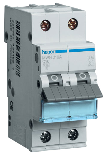 Hager Automaat 3kA - C-curve - 2P - 16A - 2 Modules MWN216A